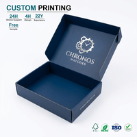 Boîte d'expédition en carton ondulé bleu marine personnalisée avec logo d'horloge en feuille d'argent pour l'expédition de montres, emballage e-commerce, vente en gros