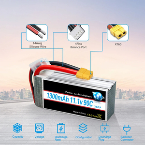 Batterie Lipo 3S 1300mAh 11.1V <span class=keywords><strong>90C</strong></span> avec prise XT60 |   Port de balance 4 broches pour drone FPV, voiture RC, hélicoptère, bateau 102535 103048 21700 - Product Image 1