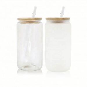 Verre personnalisé transparent dépoli pour sublimation, type bocal Mason ou canette de bière, avec couvercle en bambou et paille - Product Image 2