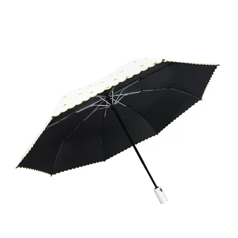 Automatischer leichter schwarzer Kleber-Sonnenregenschirm Mini doppelzweck Regen-Shine-Schirm Sechs-Karat-Logo-Druck Geschenkschirm
