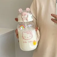 Gobelet à eau pour étudiants Hello Kitty transparent résistant aux hautes températures avec paille et couvercle