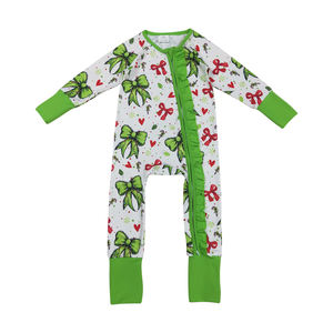 RTS, venta al por mayor, ropa para niños, Pelele de otoño con lazo rojo verde de Navidad para bebé, ropa de diseño de primavera y otoño - Product Image 1