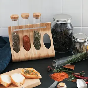 Wooden Test Tube Rack Glass Air Tight Glass Jar Tube Spice Jar Set With Bamboo Lid