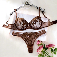 Ensemble de lingerie en dentelle pour femmes, sexy, marron, broderie dorée, soutien-gorge et culotte en maille, pour femmes, exotique, intime, vente en gros, OEM, ODM