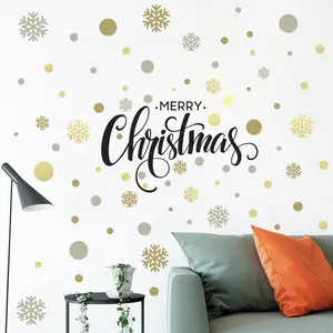 Venta al por mayor arte de pared pegatinas ventana-Calcomanía de pared con frases de Feliz Navidad para el hogar, adhesivo decorativo con diseño de copo de nieve de color dorado y plateado para decoración de fiestas navideñas, puertas y nevera