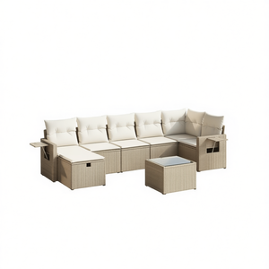 Conjunto de Sofá Grande para Jardín, Color Beige, Ratán Sintético, 6 Plazas, Muebles de Exterior con Vidrio Templado, Diseño Moderno - Product Image 1