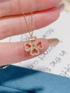 18K מוצק זהב VS טבעי יהלומי <span class=keywords><strong>4</strong></span> עלה תלתן תליון שרשרת עלה זהב מעודן נשים סיבוב קסם שרשרת - Product Image 2