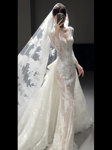 S1098Y Nouvelle Robe <span class=keywords><strong>de</strong></span> Mariée Sirène Vintage Française en Dentelle Légère, <span class=keywords><strong>Voile</strong></span> <span class=keywords><strong>de</strong></span> Soirée Haut <span class=keywords><strong>de</strong></span> Gamme, Robe <span class=keywords><strong>de</strong></span> Fiançailles et <span class=keywords><strong>de</strong></span> Mariage - Product Image 4