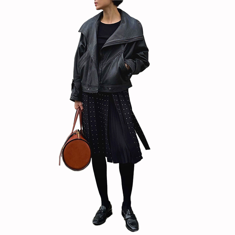 3164 Good Quality Lapel Batwing Sleeves Black Vintage Women's Motorcycle Genuine Leather Jacket