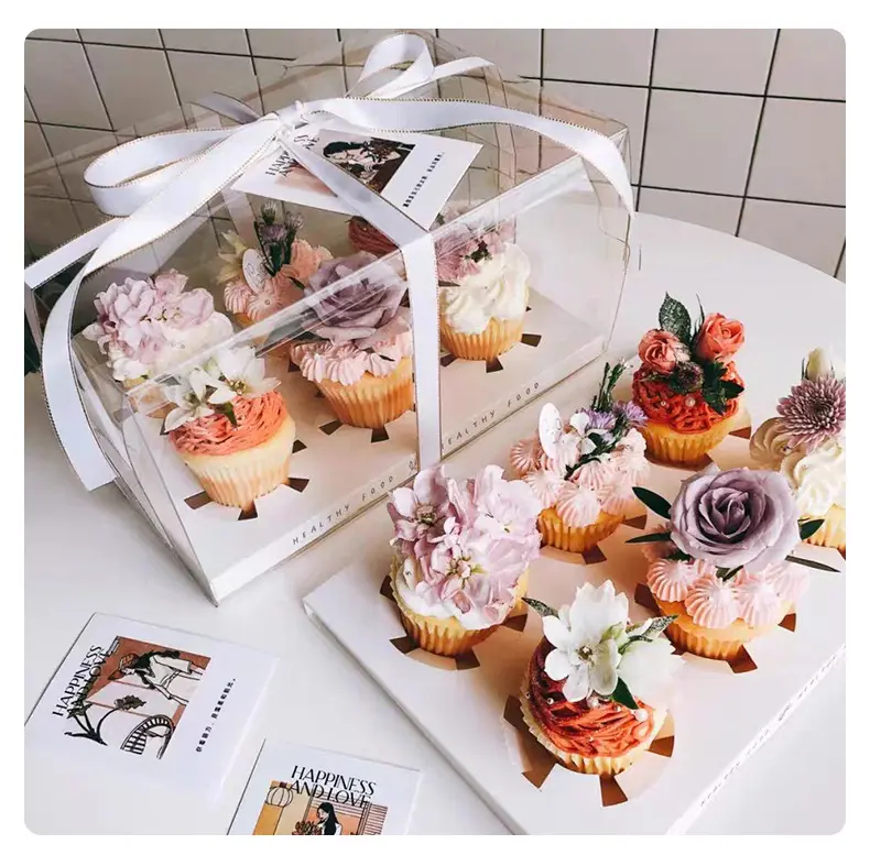 Caja de cartón para embalaje de pasteles, caja de papel Kraft blanco con ventana de 4, 6 y 12 agujeros para cupcakes con inserto