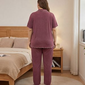 OEM/ODM Vêtements de nuit pour femmes, cardigan à boutons, respirant, couleur unie, <span class=keywords><strong>grande</strong></span> <span class=keywords><strong>taille</strong></span>, pyjama en tricot à manches courtes, ensemble deux pièces, vêtements de maison - Product Image 6