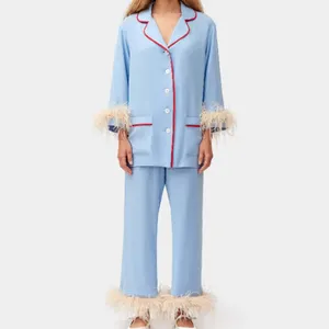 Custom High Quality Ladies Solid Party Nightwear Luxury Feather Trim Trouser Bamboo Pajamas Set