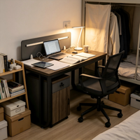 Poste de travail individuel moderne en bois grainé avec structure métallique et panneau de séparation pour bureau d'immeuble commercial