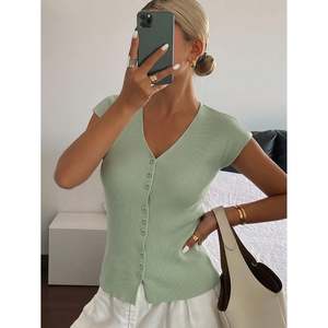 Fitted V Neck <b>Cardigan</b> Women's Short Sleeve Knit Top <b>Black</b> - Product Image 5