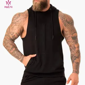 Hucai Custom Men Wholesale Embroidery Logo Cotton Spandex Hoodies Tank Top High Quality Gym Fitness Workout Training Vest