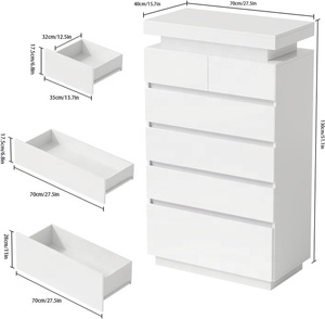 Tocador de 6 cajones de alto brillo moderno blanco contemporáneo con luces LED Gabinete de madera para dormitorio Sala de estar Muebles para el hogar - Product Image 2