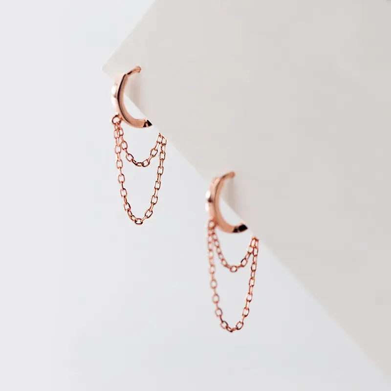 925 Sterling Silver Tassel Chain Ear Rings Hip Hop Hoops Piercing Earrings Rose Gold Plated Fashion Jewelry for Women Men