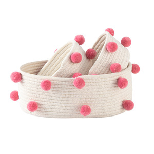 Panier de rangement en coton avec pompons, rond, 1-3L, organisateur de bureau fait main pour cosmétiques et articles divers - Product Image 3