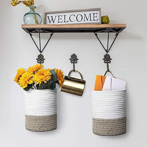 Cotton rope hanging <b>basket</b>, wall <b>basket</b>, small <b>basket</b> with leather handle, <b>storage</b> bucket, cotton rope handle <b>storage</b> rack, - Product Image 2
