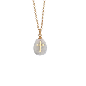 Collana con ciondolo a croce in pietra naturale grezza, catena in acciaio inossidabile, collana con cristallo curativo per donna, gioielli religiosi alla moda. - Product Image 5