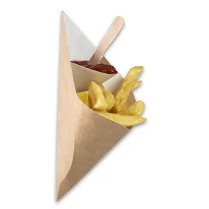 custom logo printed disposable dip pocket food cones white kraft paper french fries fry cone with dipping sauce compartment