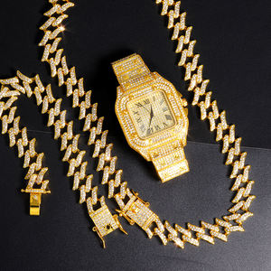 ชุดของขวัญนาฬิกาแฟชั่นแบบ Iced Out พร้อมสร้อยคอและกำไลแบบคิวบา ชุดเครื่องประดับฮิปฮอปสำหรับผู้ชาย นาฬิกาสีเงิน ของขวัญวันหยุดสำหรับผู้ชาย - Product Image 2