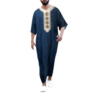 Pakaian Muslim Tradisional Eropa Amerika Pria Gaun Kerah Berdiri Kemeja Lengan Muslim Pria Arab Jubah Thobe
