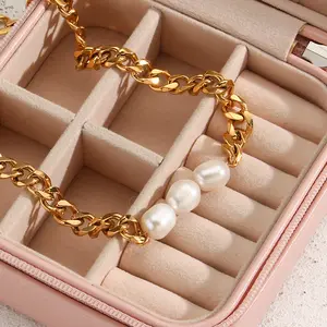 Fashion Trendy 18K Gold Plated Cuban Chain Natural Fresh Water Jewelry Stainless Steel Pearl Pendant Necklace