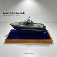 Modèle d'exposition de bateau de patrouille haute vitesse personnalisé avec coque grise, fond noir, mât radar et base en velours bleu
