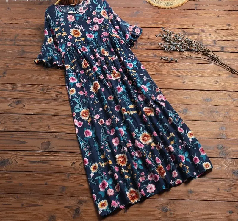 2019 Plus Size Floral Printed Ruffle Women Summer Dress Casual Short Sleeve Bohemian Long Dress Women Dress