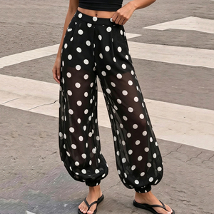 Polka Dot Breathable Chiffon Wide Leg Mid <b>Waist</b> Sheer Babushka <b>Trousers</b> <b>Elastic</b> Casual Summer Beach Wear - Product Image 1