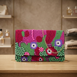 Pochette enveloppe florale perlée avec chaîne, faite à la main pour soirée - Product Image 3