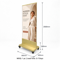 Support d'affichage mobile commercial 800x2000mm, finition or champagne brossé, sur roulettes, pour centre commercial et magasin de mode