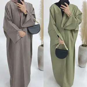 Nueva Llegada de Color Sólido Vestidos Musulmanes Kimono Robe Mujeres Abrigo Modesto Señoras Islámico Lino Abierto Abaya