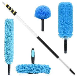 Kit d'outils de nettoyage télescopiques multifonctionnels à long manche avec brosse à vitres et ultra-fine avec tige télescopique de 6 à 24 pieds