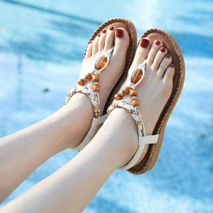 Flat <b>Sandals</b> Open Toe Beaded Decor Microfiber Leather Slip-On Summer Women Shoes Elegant Floral Design Drop Shipping - Product Image 5