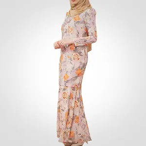 Sipo Eid Baju Raya Malaysia Muslimah Wanita Gezwollen Schouder Chiffon Print Bloemen Nieuwe Design Jurk Moderne Baju Kurung