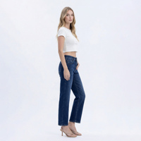Celana Jeans Wanita High Waisted Straight Leg Trendi Warna Biru Tua, Celana Denim Longgar, Celana Kerja Kasual, Celana Kaki Lebar Ukuran Besar