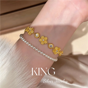 King Silver Jewelry Floral <b>Bracelet</b> <b>Gold</b> Plated S925 Sterling Silver Chain 162cm <b>Adjustable</b> Everyday Wear - Product Image 3