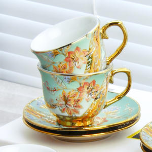 Service à café en céramique européenne, tasse et soucoupe plaquées or, ensemble tasse et soucoupe pour l'heure du thé, tasse à dessert - Product Image 5