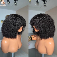 Perruques courtes bouclées en cheveux humains naturels indiens bruts, doublement étirés, alignés sur les cuticules, fabriquées à la machine, avec frange, style pixie bob