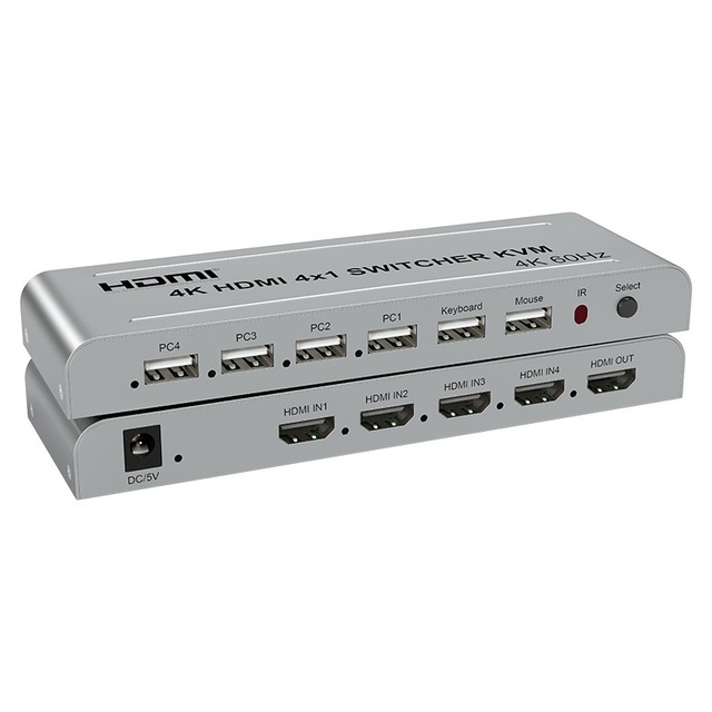 KVM for SWITCH 4x1 4-Port HDTV USB Switcher with 4K 60Hz Audio/Video Metal Remote Control