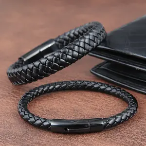 Factory Wholesale Stainless Steel Jewelry Men's Black Braided Leather Black Clasp Bracelet Bangle