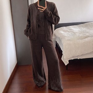 Women's <b>Knitted</b> Cardigan And Trouser Suit Grey Loose Fit Rhinestone Detail Autumn Winter Casual <b>Set</b> Smlxlxxl - Product Image 2