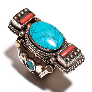 Bague en pierres précieuses corail turquoise naturel bague antique népalaise en argent tibétain fabricant de bijoux faits à la main - Product Image 4