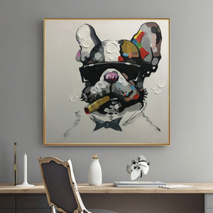 Tableau mural encadré 100% peint à la main, style Pop Art moderne et contemporain, représentant un Bouledogue Boss aux lunettes de soleil, abstrait, avec motif animal - Product Image 1