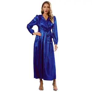 Plus Size V-Hals Sexy Veters Dameskleding Stropdas Slanke Gild Jurk Prom Bubble Mouw Lange Feestjurken