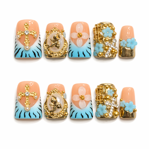 Ongles à presser 3D de luxe, en acrylique, couvrance totale, design carré, ensemble de manucure tendance pour doigts - Product Image 1