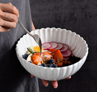 Servies van wit porseleinen kommen en borden met gegolfde rand, milieuvriendelijk, BPA-vrij, voedselveilig, met aangepast logo, modern design, geschikt voor salade en soep.