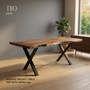 Table à manger en noyer avec bord naturel, pieds en métal, table de salle à manger en bois, meubles de cuisine modernes - Product Image 3